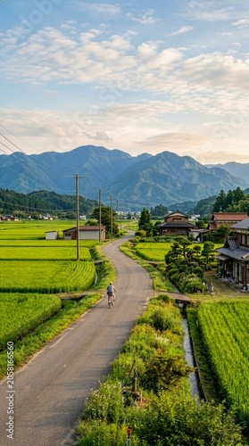 Peaceful countryside road with rice fields for summer homecoming travel