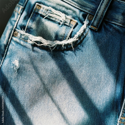 Close-up of Distressed Blue Denim Pocket with Ripped Edges