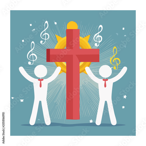 Cross with Music Notes and Figures Illustration