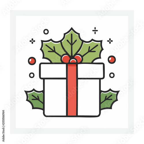 Flat design gift box with holly and berries icon