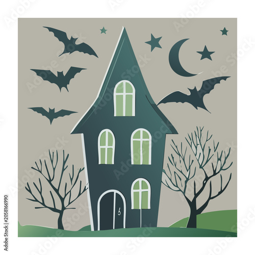 Flat design haunted house with bats and moon
