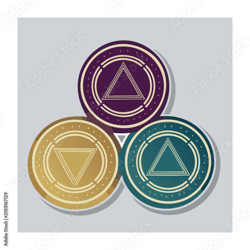 Three overlapping circular badges with triangle symbols