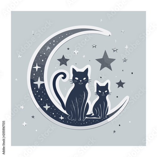 Two black cats sitting on a crescent moon with stars