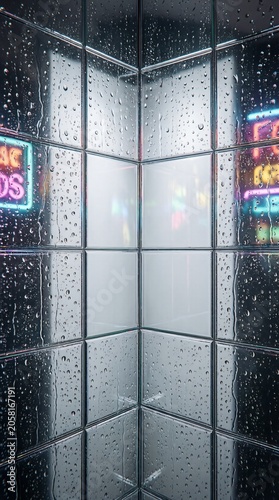 Wet metallic silver tiles with neon light reflections and rain drops