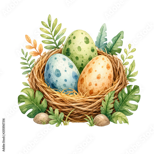 Cute Baby Dinosaur Watercolor Clipart Set with Dino Eggs, Fossil, Footprints and Volcano