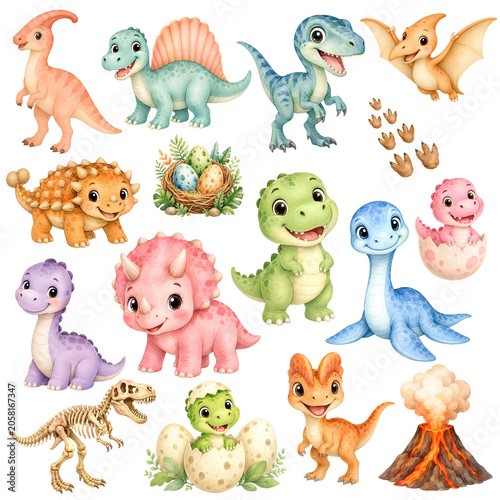 Cute Baby Dinosaur Watercolor Clipart Set with Dino Eggs, Fossil, Footprints and Volcano