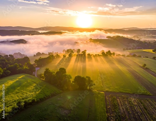 Aerial view of green fields and trees at sunrise