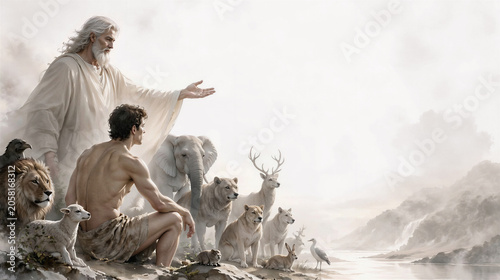God created all the land animals and the first humans. The sixth day of creation, bible scene concept. Artistic minimalist art with copy space.