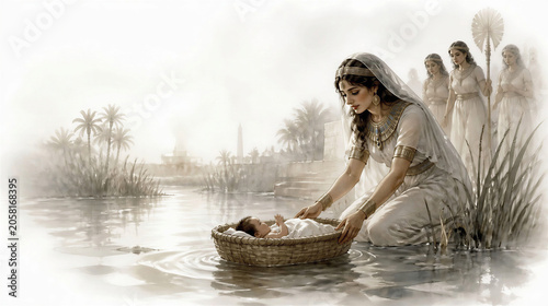 Baby Moses found by the Egyptian princess. Biblical scene concept. Artistic minimalist art with copy space.