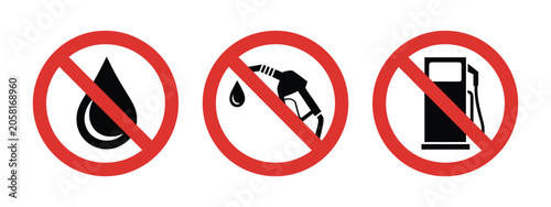 Foto Fuel restriction vector icons, no petrol pump, gasoline, diesel and oil symbols for prohibited area signs, safety communication design
