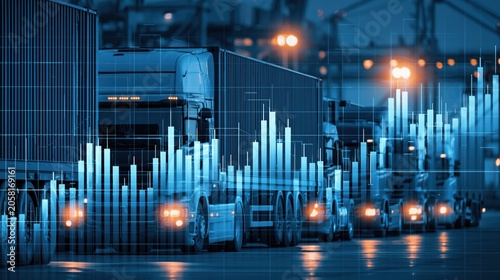 Trucking and logistics transportation with financial chart at shipping terminal