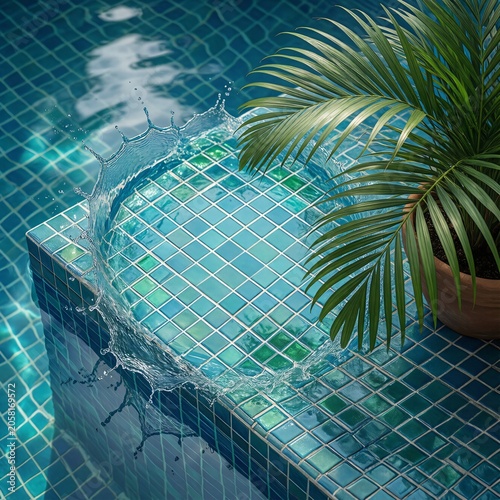 Poolside corner with water splash and palm plant leaves