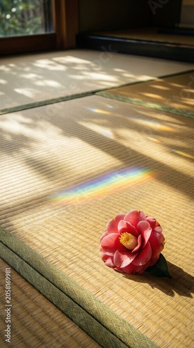 Pink camellia flower on tatami mat with rainbow prism light