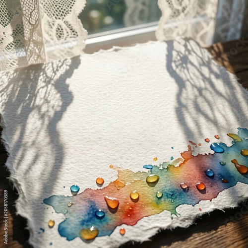 Textured watercolor paper with colorful rainbow drops and lace shadows