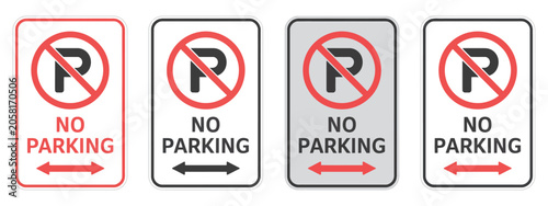 Parking traffic signs, no parking symbols with red, black and blue borders, isolated on transparent background for road safety design.
