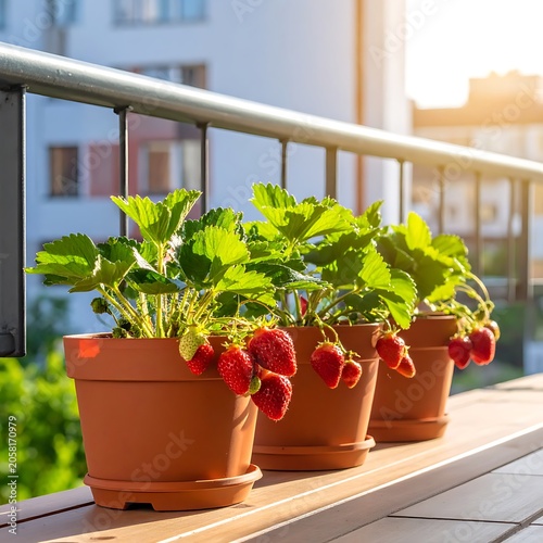 Potted strawberry plants on a balcony railing