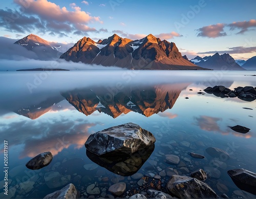 Serene mountain lake with rocks and reflection