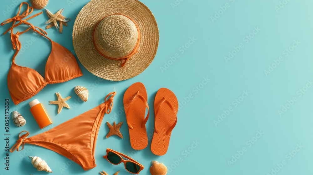 Obraz premium Orange bikini with sun hat sandals sunscreen and seashells on blue summer background
