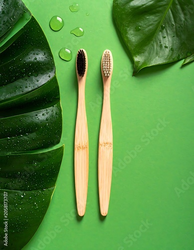 Two toothbrushes on green background with leaves