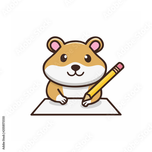 Cute cartoon hamster holding a pencil on paper