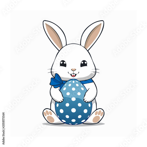 Cute cartoon rabbit holding a blue polka dot easter egg