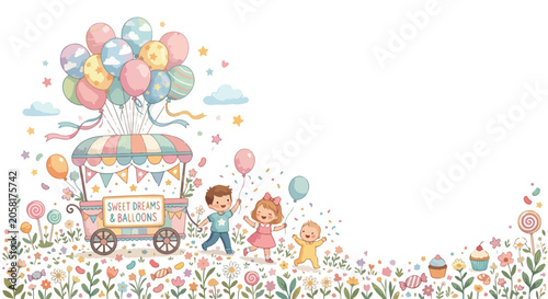 Foto A whimsical illustration features three happy children celebrating with a colorful candy cart topped with a large bunch of pastel balloons