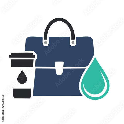 Flat icon of briefcase coffee cup and water droplet