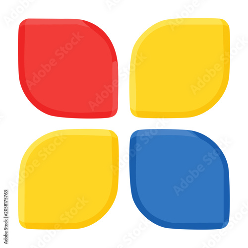 Four colorful geometric 3D shapes on white background