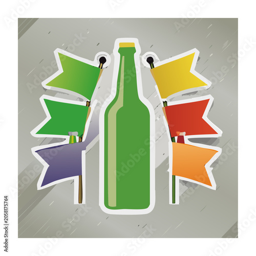 Green bottle with colorful flags in flat design