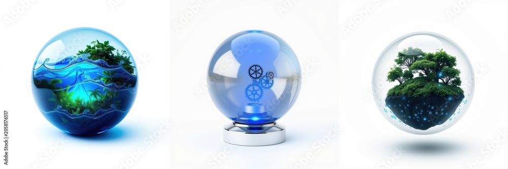 Fototapeta premium Three glowing spheres display miniature worlds. Ocean, gears, forest scenes contained within glass orbs. Bright blue illumination highlights details.
