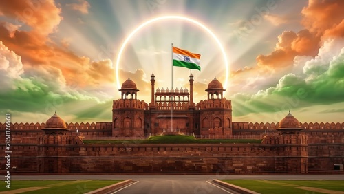 Red Fort Independence Day Celebration with Indian Tricolor Sky