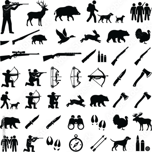 Comprehensive hunting and outdoor gear icons containing rifleman deer boar hunter dog group silhouette wildlife tracks weapons axe binoculars ammunition moose.