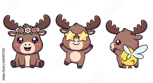 Three Cute Cartoon Reindeer with Unique Accessories.