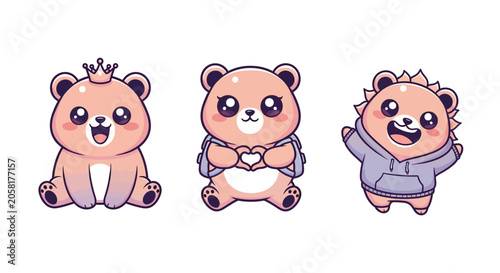 Cute Cartoon Bears with Crowns and Hearts.