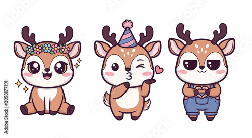 Cute Cartoon Deer Characters with Festive Outfits.