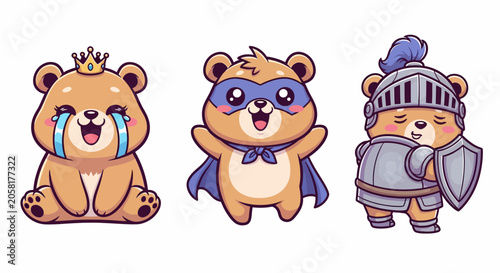 Three Cute Cartoon Bears in Different Costumes.