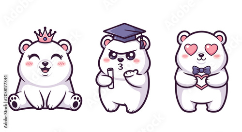 Cute cartoon polar bears with different outfits and expressions.