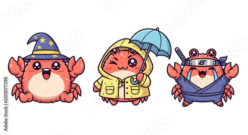 Three Cute Cartoon Crabs in Costumes and Accessories.