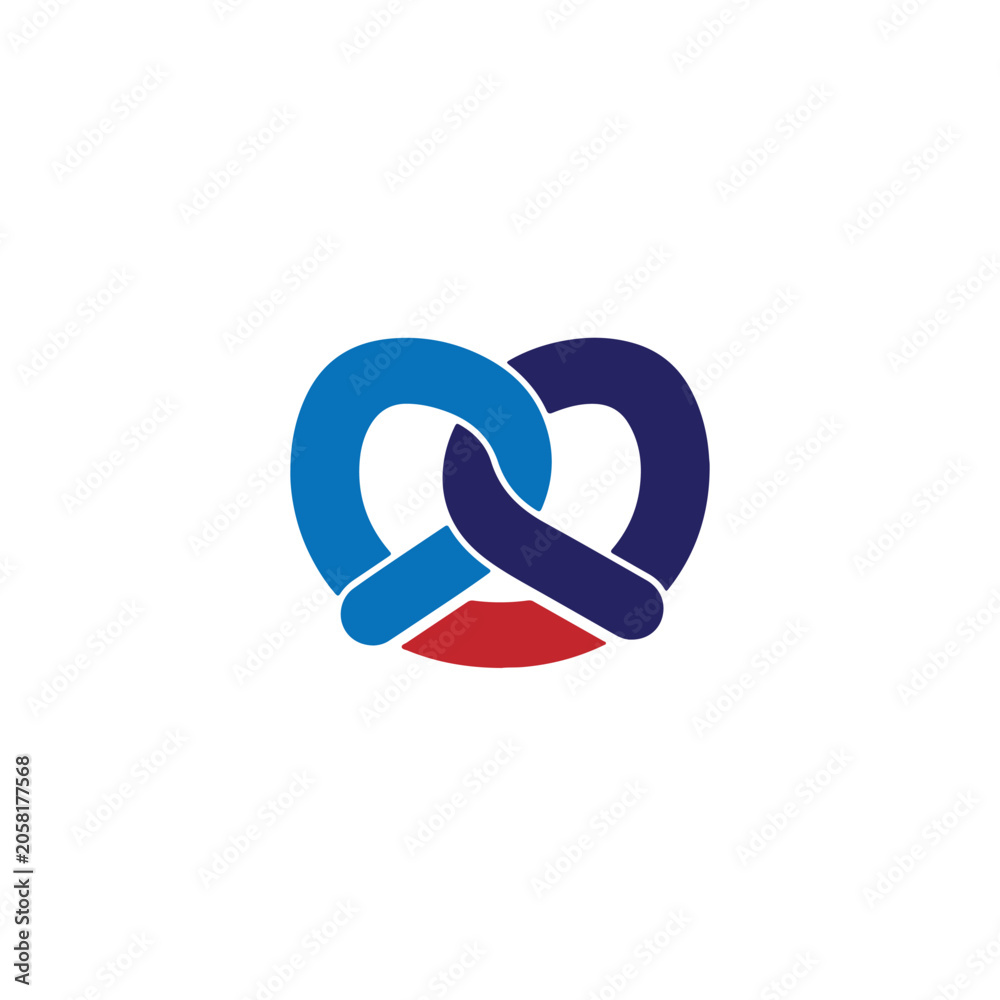 Fototapeta premium Abstract pretzel vector icon design in vibrant blue and red colors for food branding and menus