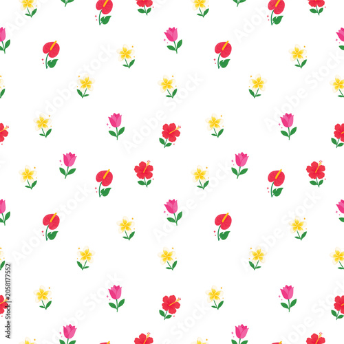 Seamless repeating pattern of cute smiling flowers in fresh spring colors for fabric wallpaper wrapping paper and nursery decor