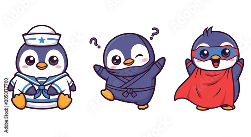 Cute Penguin Characters in Different Costumes and Poses.
