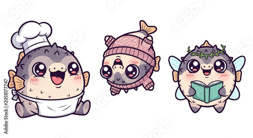 Cute Cartoon Pufferfish Characters in Different Outfits.