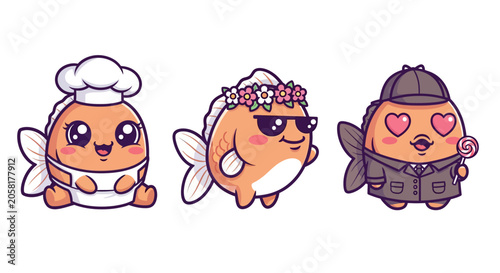 Cute Cartoon Fish Characters in Different Outfits.