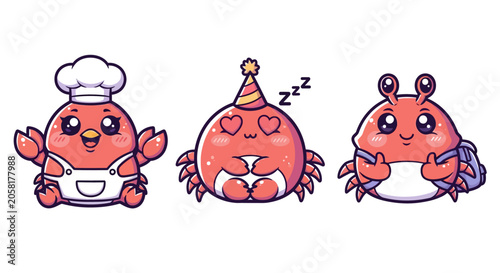 Cartoon Crab Characters in Different Outfits and Moods.