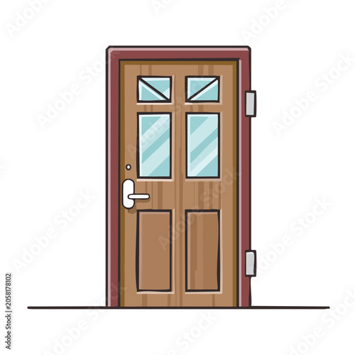 Flat design wooden door with windows and handle