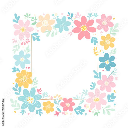 Flat floral pattern with pink blue yellow orange flowers