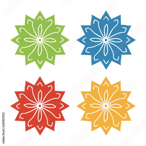 Four flat design flowers in green blue red orange