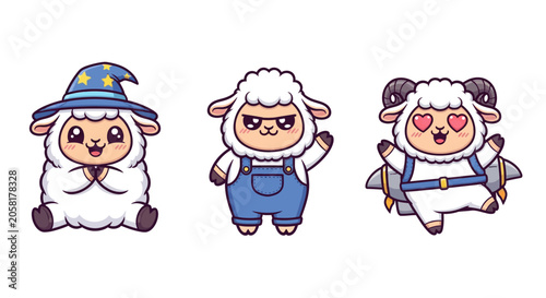Three cartoon sheep in different outfits and poses.