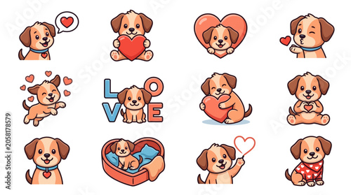 Vászonkép Cute dog stickers with hearts.