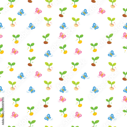 Seamless repeating pattern of tiny smiling seedlings and fresh sprouts for garden themed fabric wallpaper and nursery use